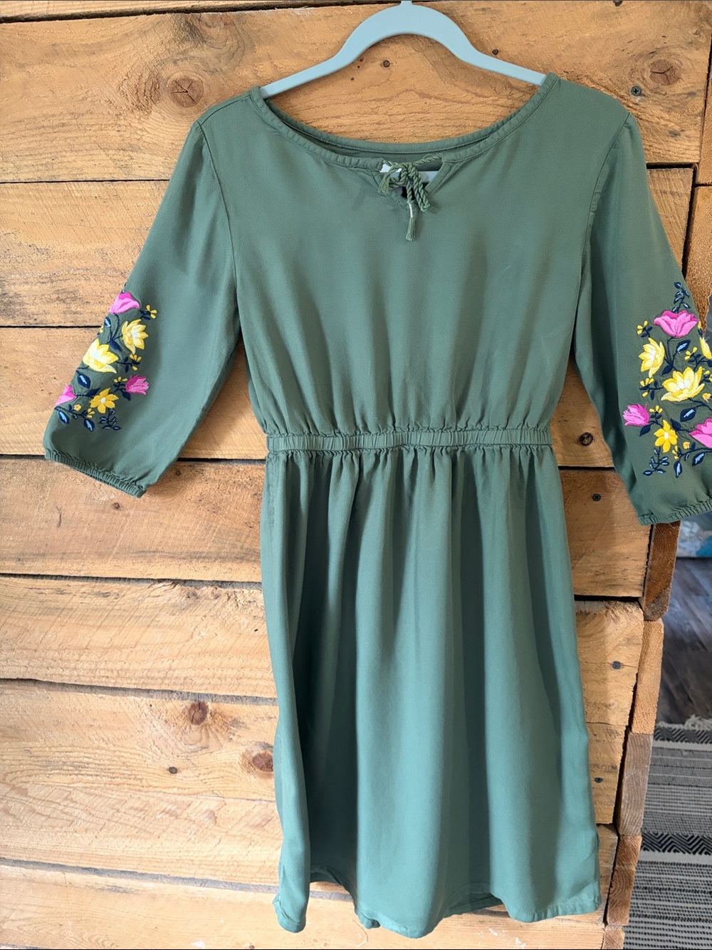 Old Navy Olive Green Dress with Pink and Yellow Floral Embroidery